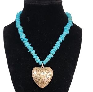💙🔹️ATTERRI🔹️ Reconstitited Stone Turquoise Beaded Heart Pendant 16in Necklace